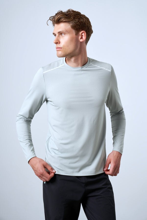 Reflektif Detaylı Uzun Kollu Erkek Bisiklet Yaka T-shirt - Açık Yeşil