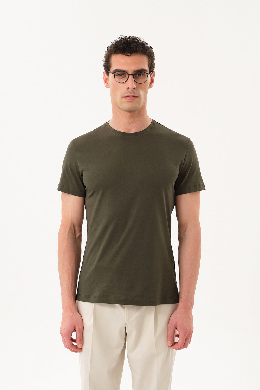 Slim Fit Erkek Bisiklet Yaka Basic T-shirt - Haki