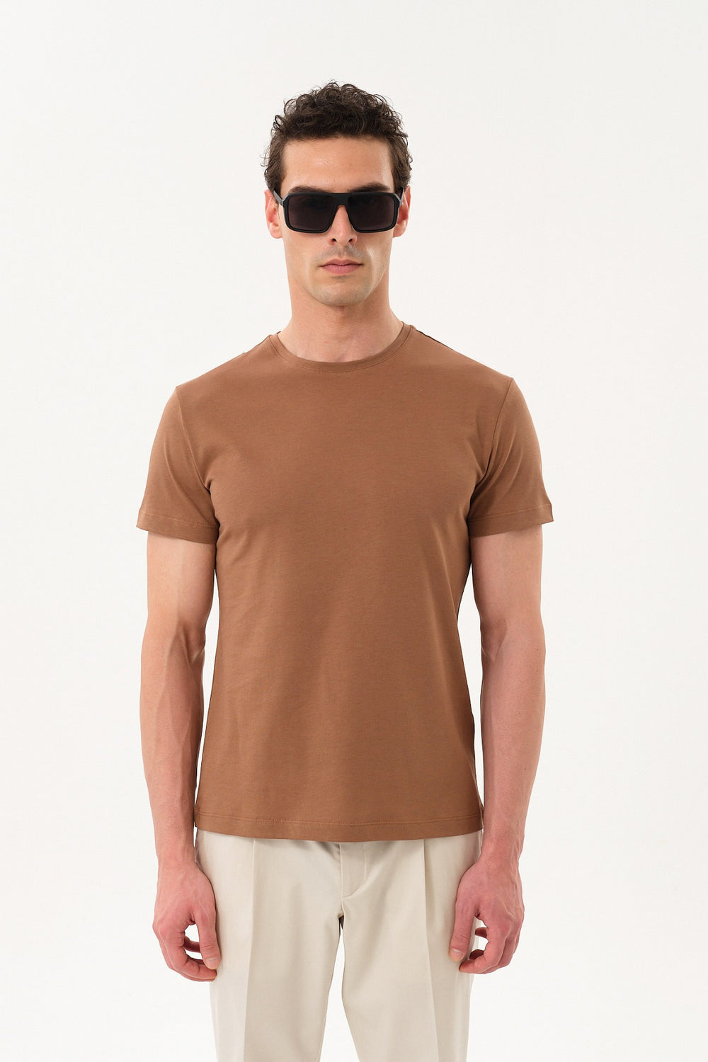 Slim Fit Erkek Bisiklet Yaka Basic T-shirt - Kahverengi