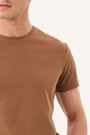 Slim Fit Erkek Bisiklet Yaka Basic T-shirt - Kahverengi
