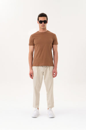 Slim Fit Erkek Bisiklet Yaka Basic T-shirt - Kahverengi
