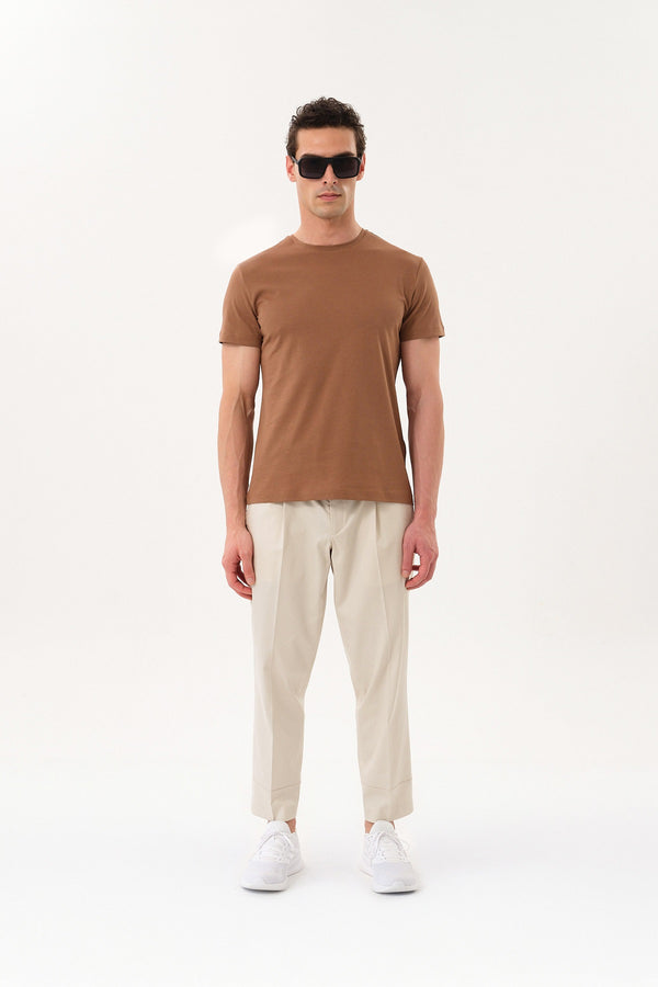 Slim Fit Erkek Bisiklet Yaka Basic T-shirt - Kahverengi