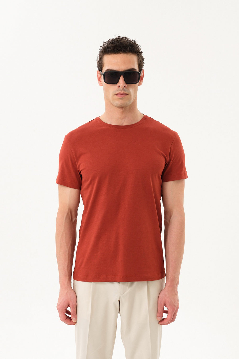 Slim Fit Erkek Bisiklet Yaka Basic T-shirt - Kiremit
