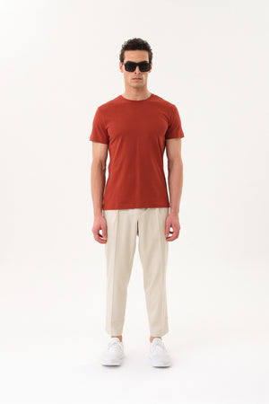 Slim Fit Erkek Bisiklet Yaka Basic T-shirt - Kiremit