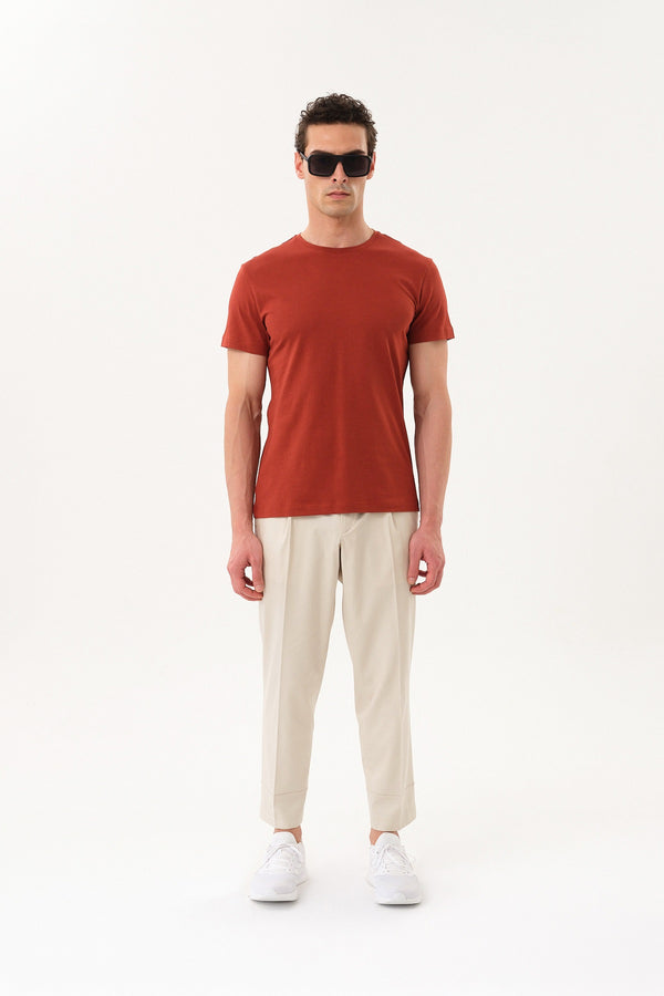 Slim Fit Erkek Bisiklet Yaka Basic T-shirt - Kiremit
