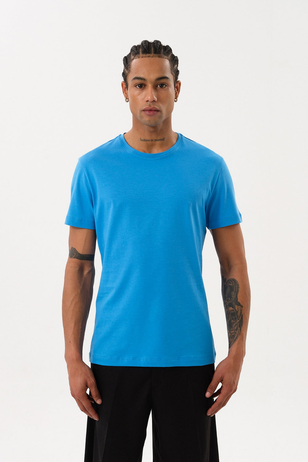 Slim Fit Erkek Bisiklet Yaka Basic T-shirt - Mavi