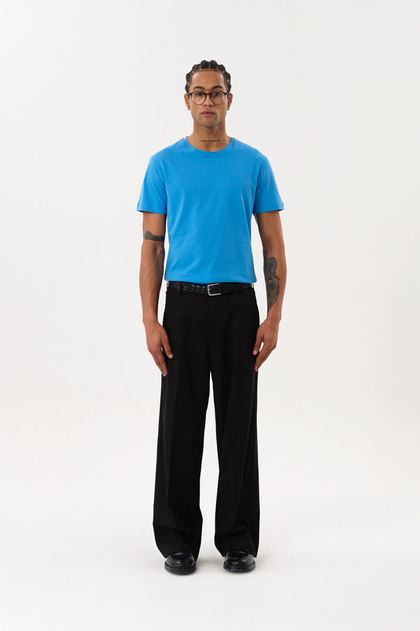 Slim Fit Erkek Bisiklet Yaka Basic T-shirt - Mavi