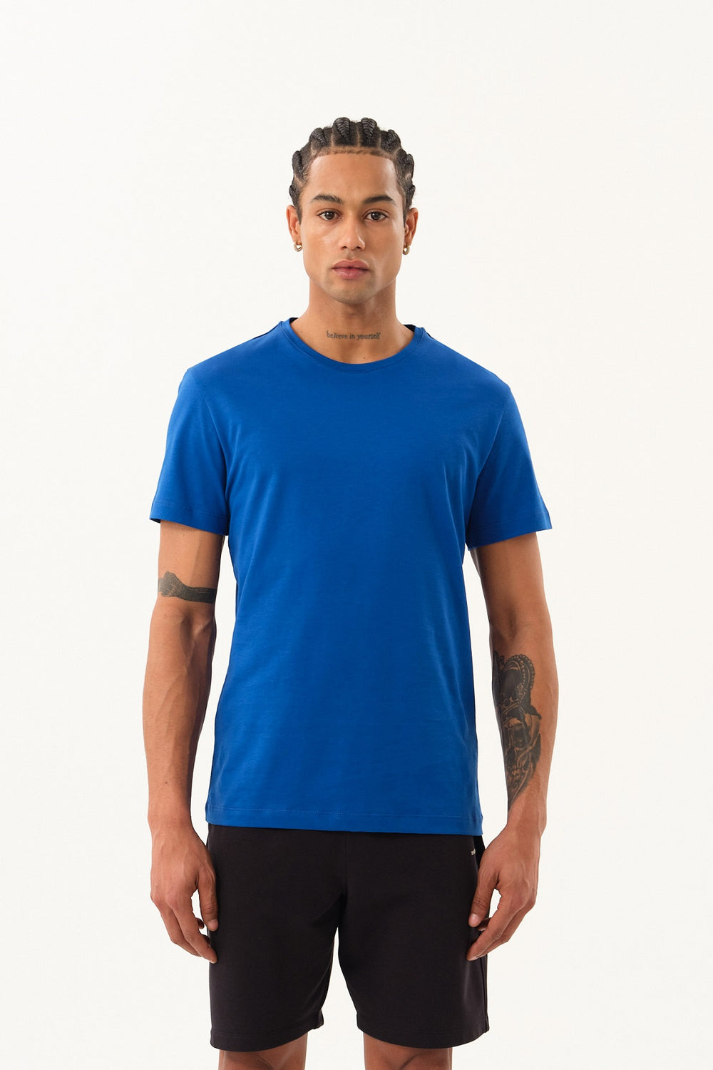 Slim Fit Erkek Bisiklet Yaka Basic T-shirt - Sax