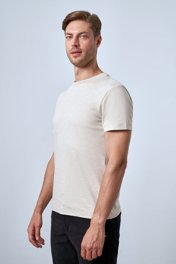 Slim Fit Erkek Bisiklet Yaka T-shirt - Bej Melanj