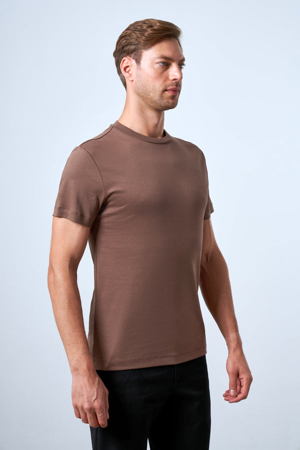 Slim Fit Erkek Bisiklet Yaka T-shirt - Kahverengi