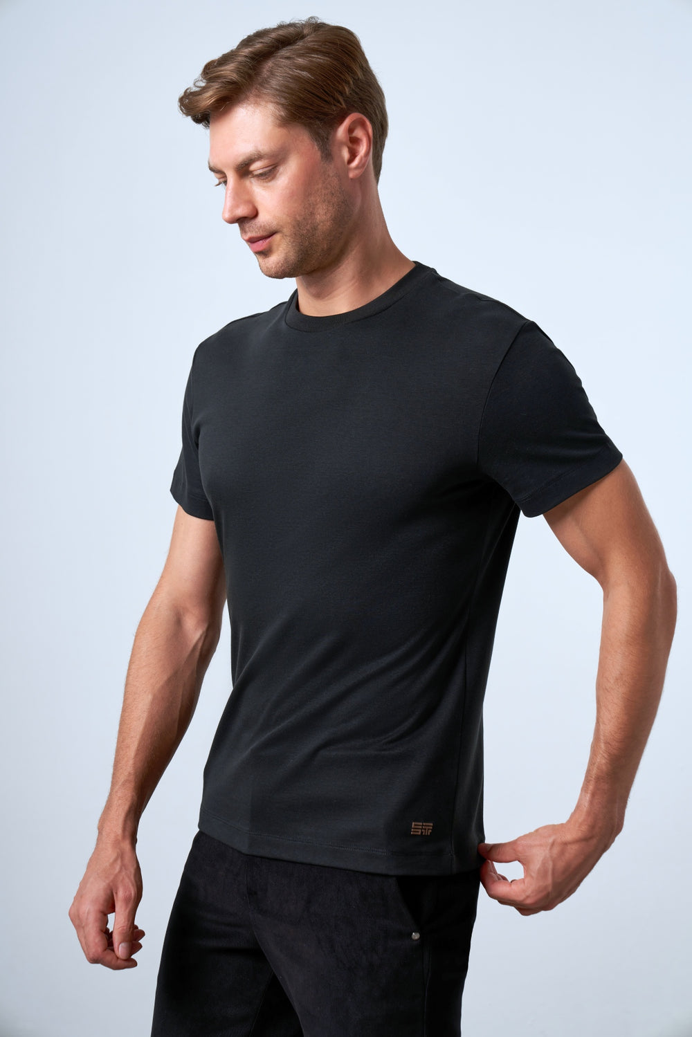 Slim Fit Erkek Bisiklet Yaka T-shirt - Siyah