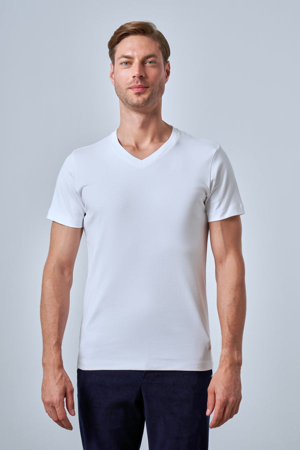Slim Fit Erkek V Yaka T-shirt - Beyaz
