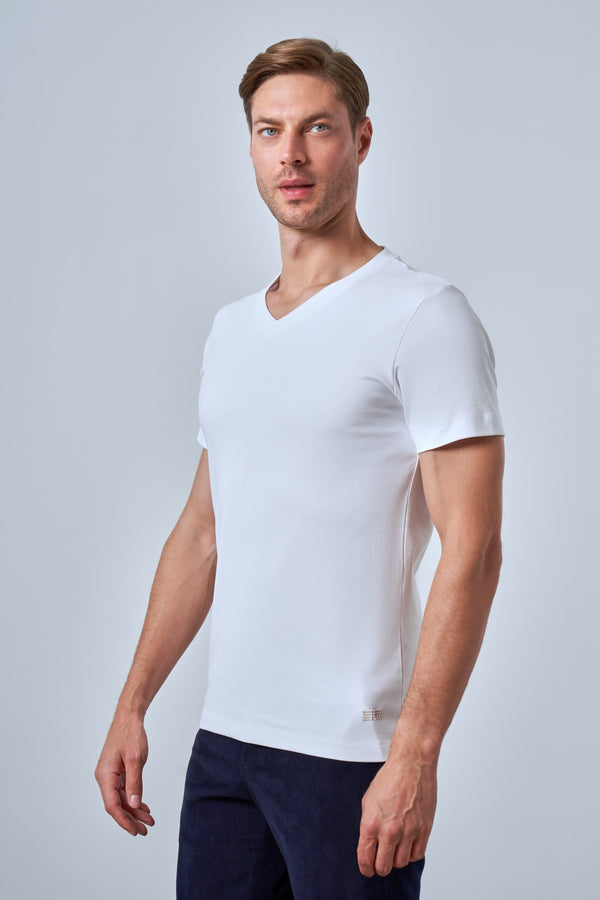 Slim Fit Erkek V Yaka T-shirt - Beyaz