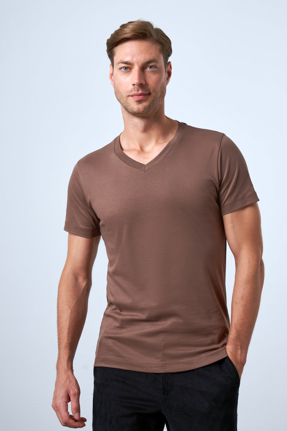 Slim Fit Erkek V Yaka T-shirt - Kahverengi