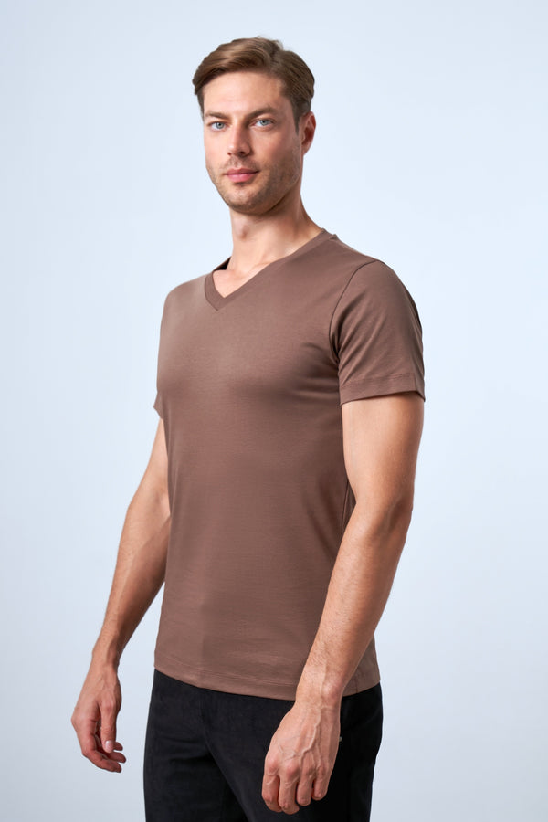 Slim Fit Erkek V Yaka T-shirt - Kahverengi