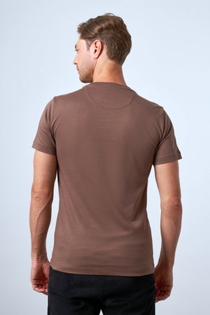 Slim Fit Erkek V Yaka T-shirt - Kahverengi