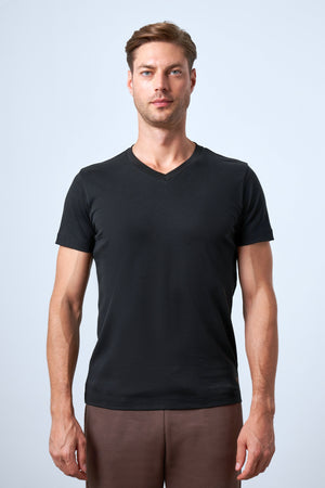 Slim Fit Erkek V Yaka T-shirt - Siyah