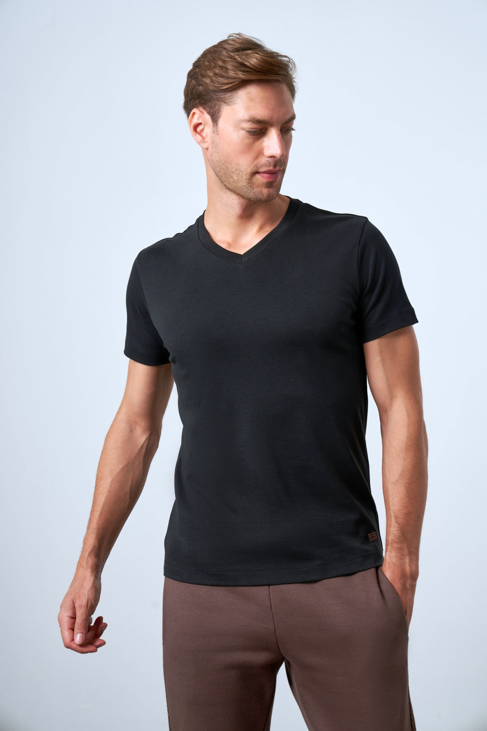 Slim Fit Erkek V Yaka T-shirt - Siyah