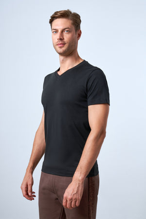 Slim Fit Erkek V Yaka T-shirt - Siyah