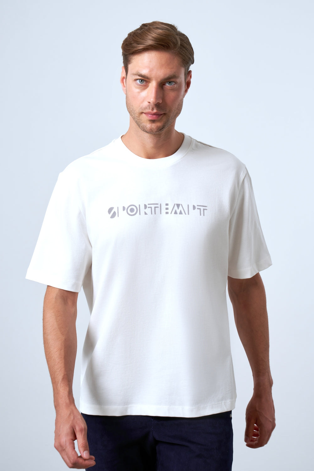 Sportempt Flok Baskılı Erkek Oversize Bisiklet Yaka T-shirt - Ekru