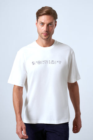 Sportempt Flok Baskılı Erkek Oversize Bisiklet Yaka T-shirt - Ekru