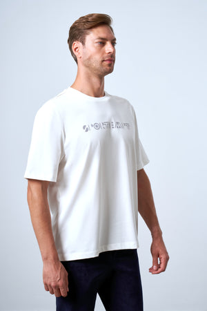 Sportempt Flok Baskılı Erkek Oversize Bisiklet Yaka T-shirt - Ekru