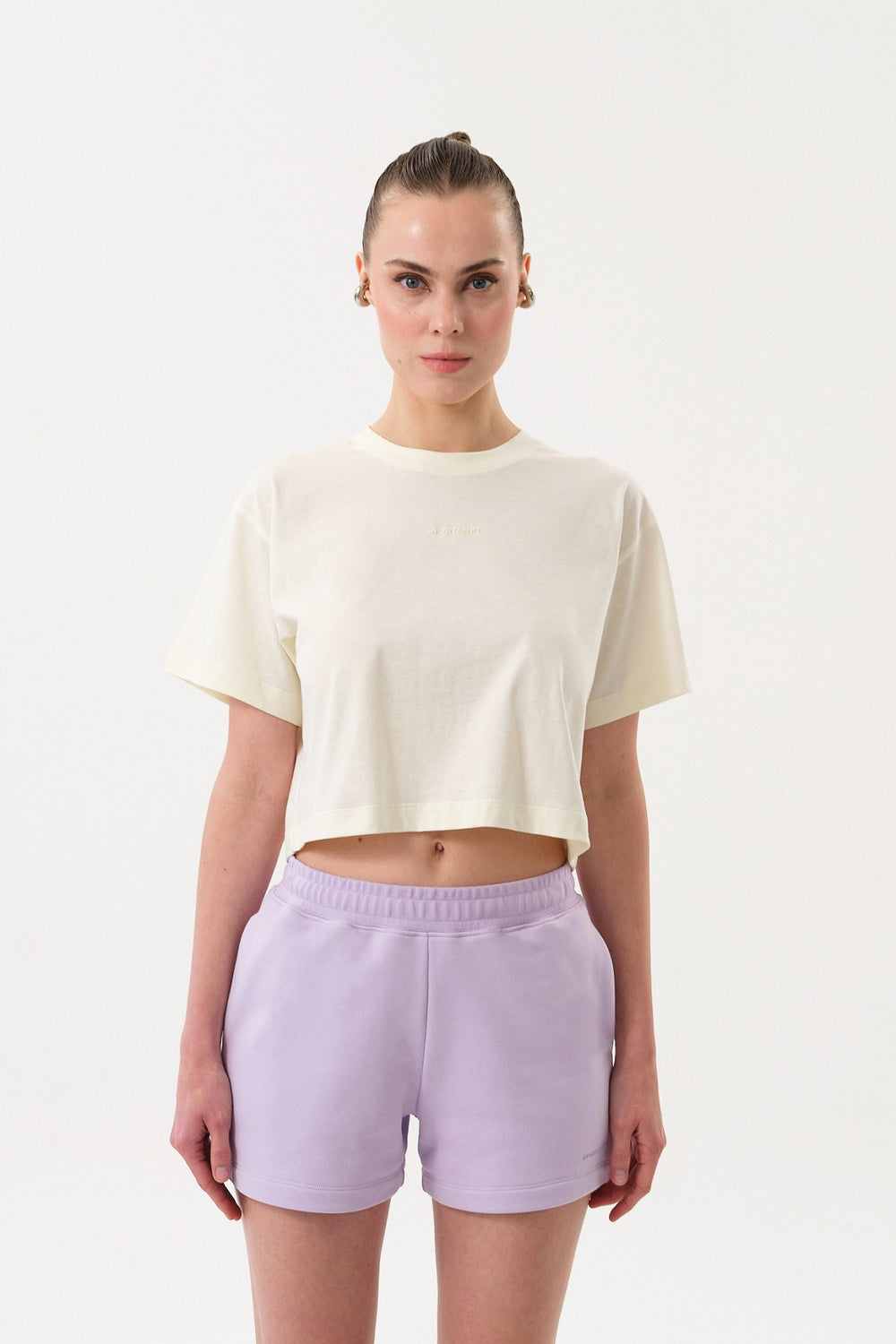 Sportempt İmza Baskılı Bisiklet Yaka Crop Kadın T-shirt - Ekru