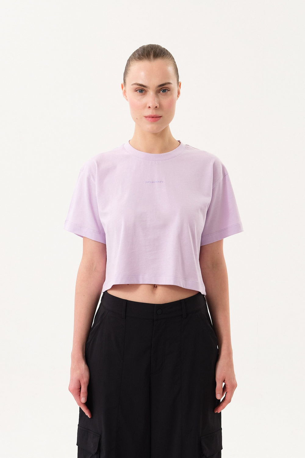 Sportempt İmza Baskılı Bisiklet Yaka Crop Kadın T-shirt - Lila