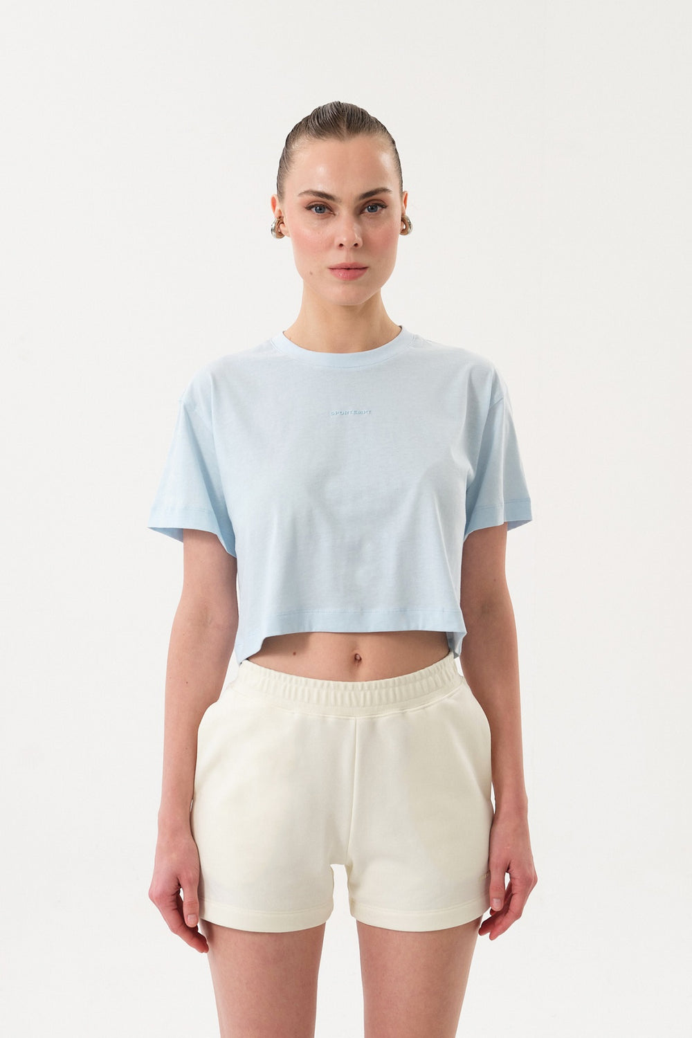 Sportempt İmza Baskılı Bisiklet Yaka Crop Kadın T-shirt - Mavi