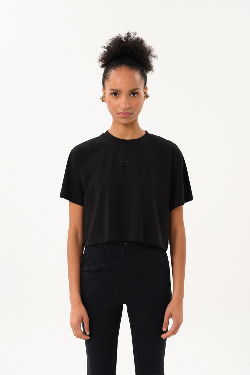 Sportempt İmza Baskılı Bisiklet Yaka Crop Kadın T-shirt - Siyah