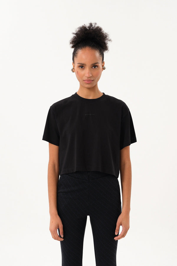 Sportempt İmza Baskılı Bisiklet Yaka Crop Kadın T-shirt - Siyah