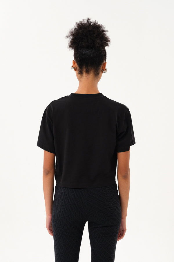 Sportempt İmza Baskılı Bisiklet Yaka Crop Kadın T-shirt - Siyah