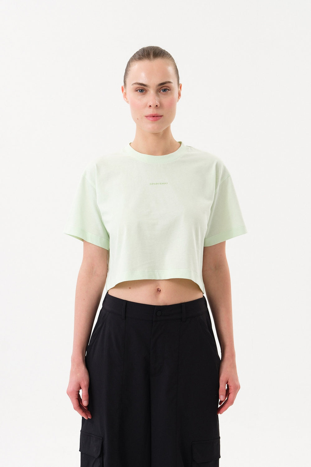 Sportempt İmza Baskılı Bisiklet Yaka Crop Kadın T-shirt - Yeşil
