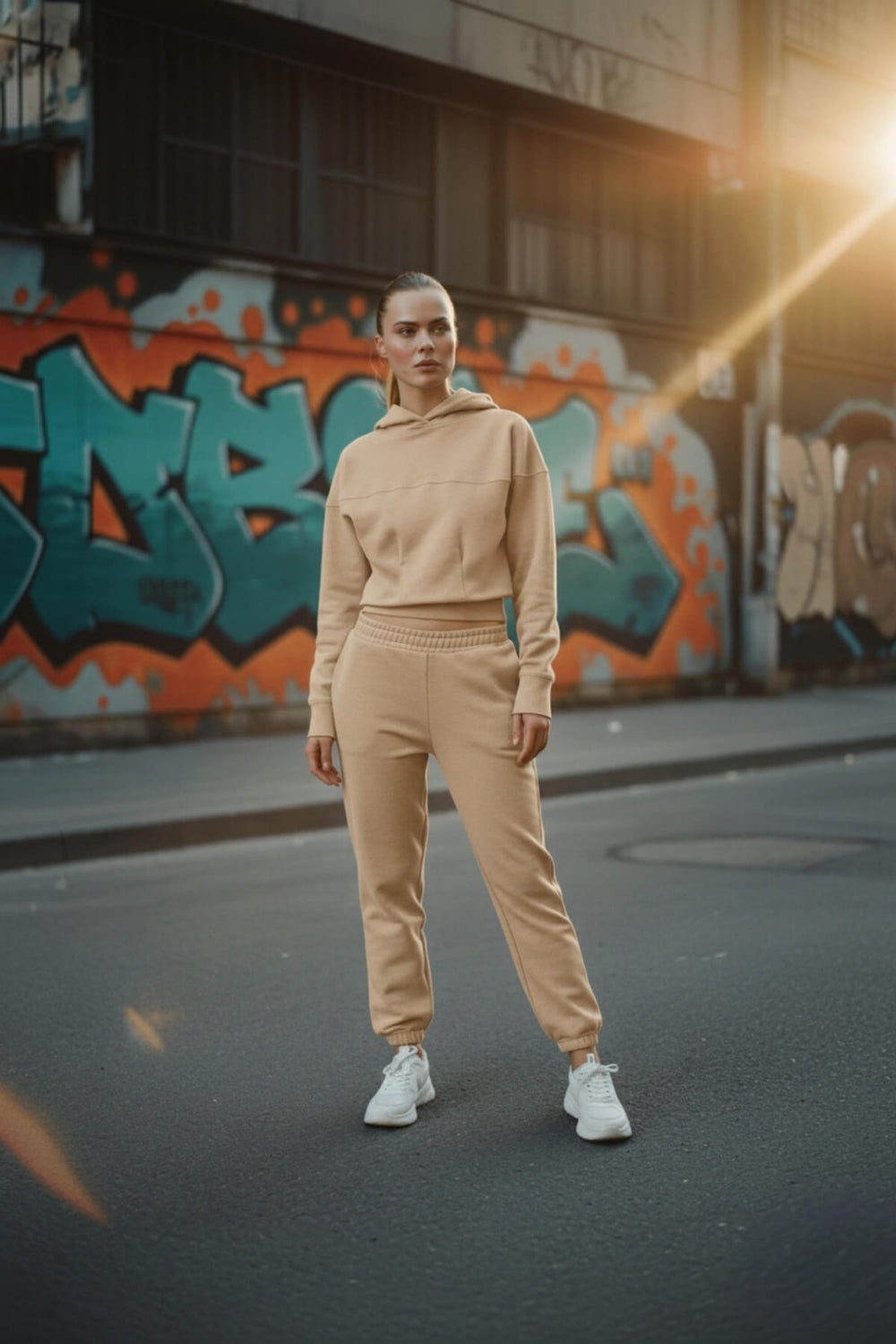 Sportempt Kadın Jogger Eşofman Altı – İmza Baskılı %100 Pamuk Oversize Paçası Lastikli - Bej