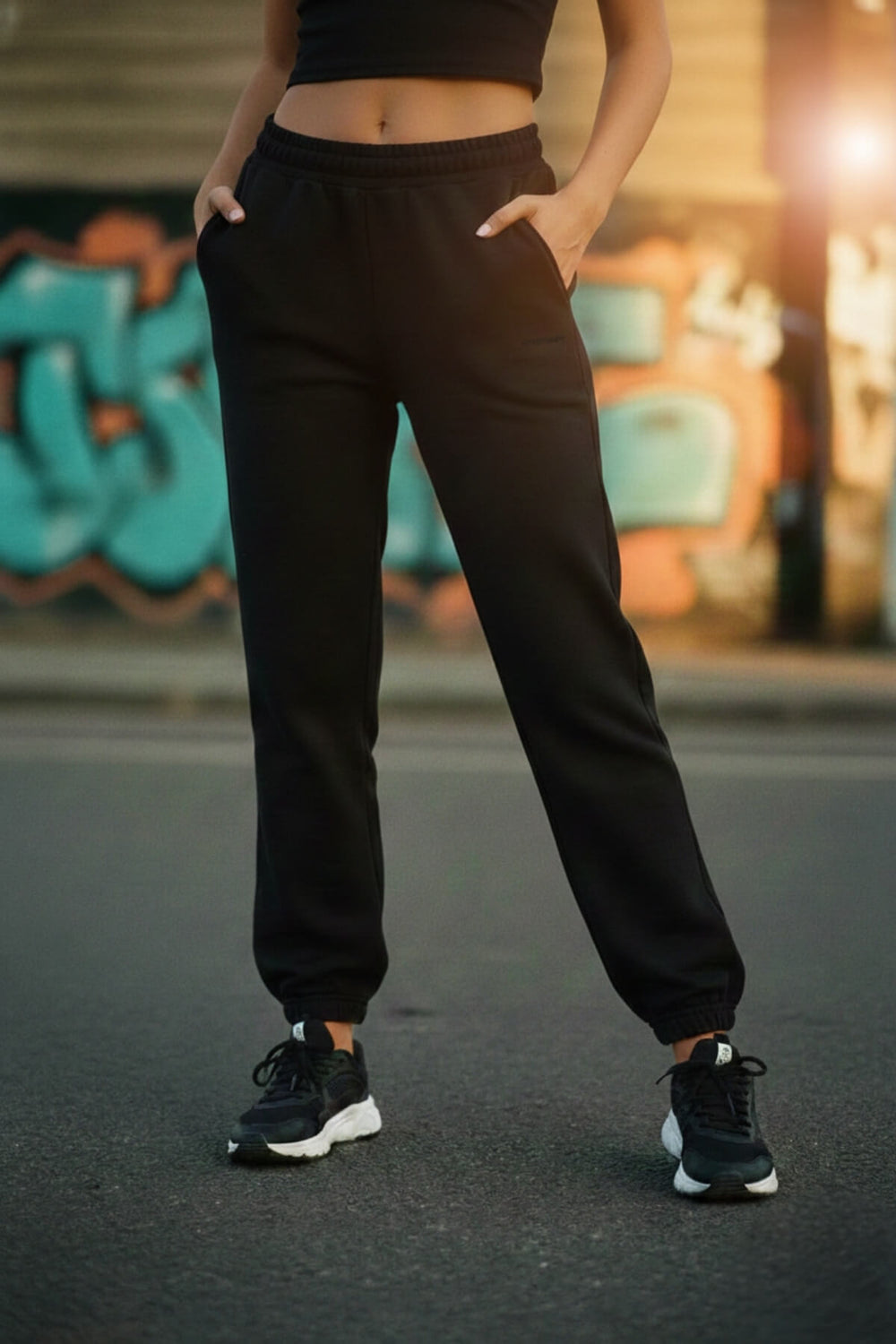 Sportempt Kadın Jogger Eşofman Altı – İmza Baskılı %100 Pamuk Oversize Paçası Lastikli - Siyah