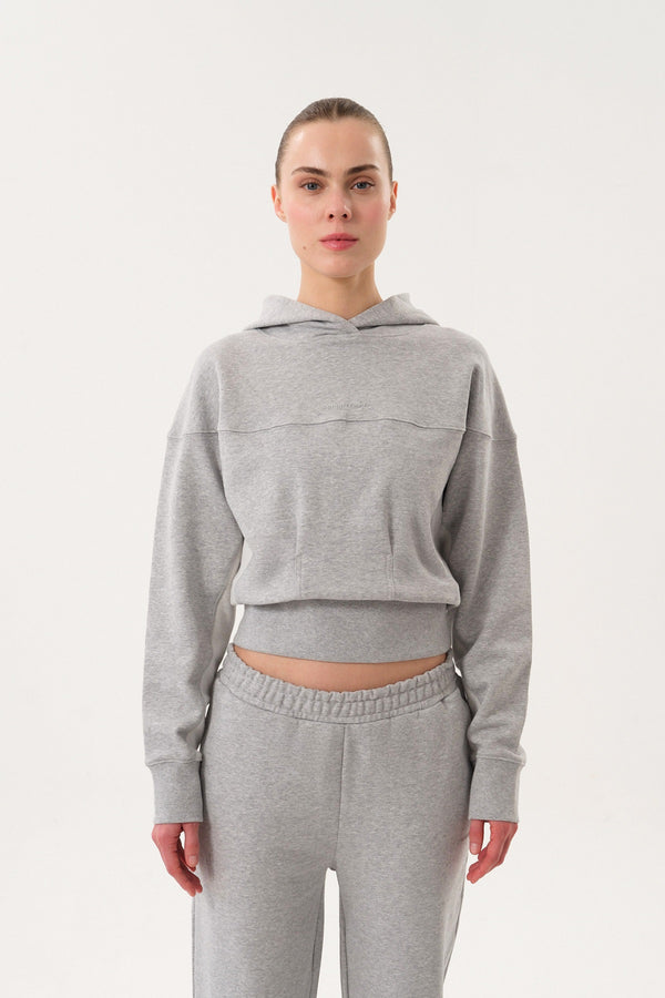 Sportempt İmza Baskılı Panel Detaylı Crop Kadın Hoodie - Açık Gri
