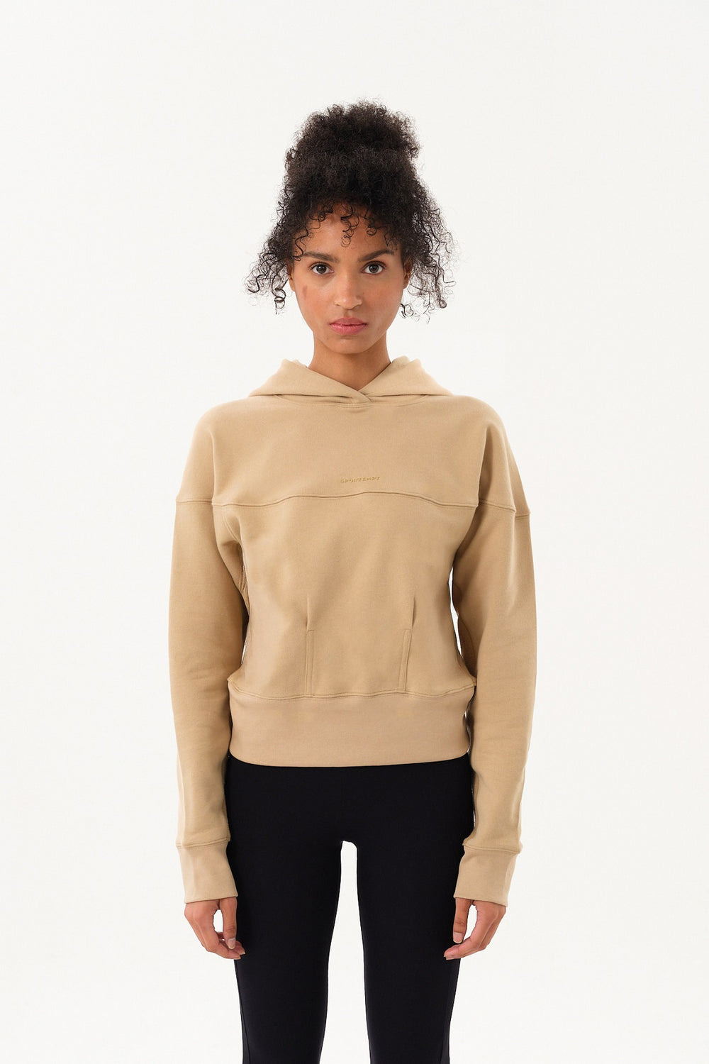 Sportempt İmza Baskılı Panel Detaylı Crop Kadın Hoodie - Bej