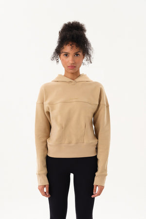 Sportempt İmza Baskılı Panel Detaylı Crop Kadın Hoodie - Bej