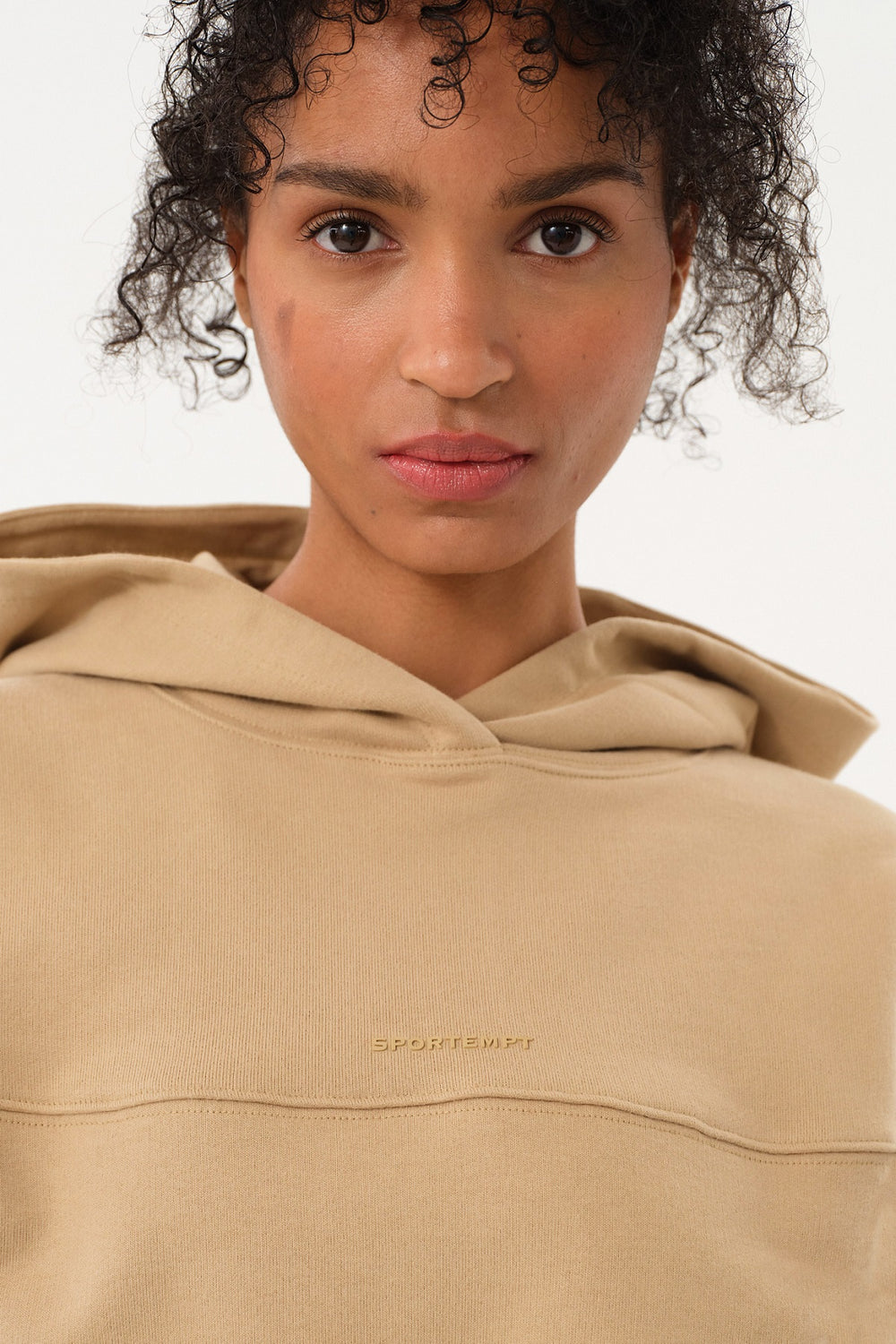 Sportempt İmza Baskılı Panel Detaylı Crop Kadın Hoodie - Bej