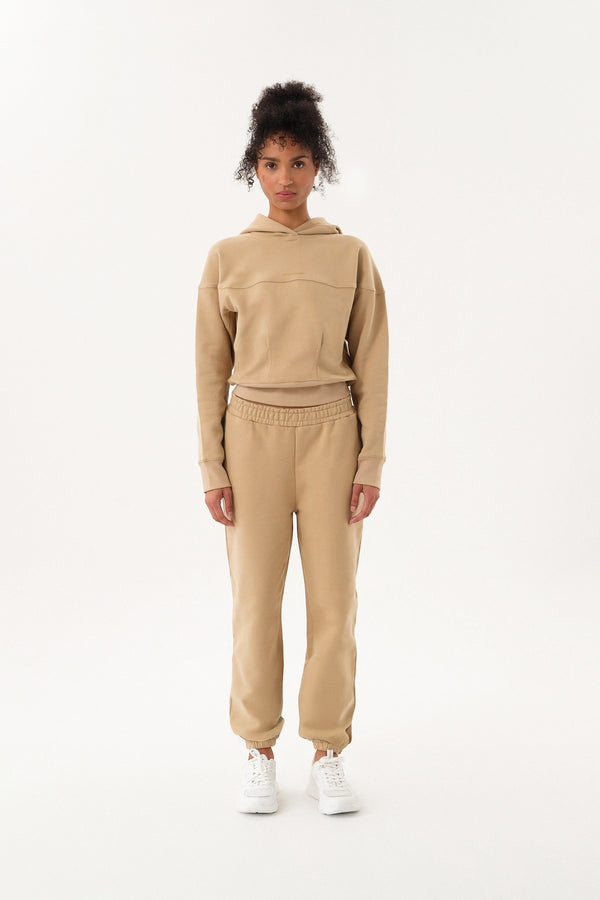 Sportempt İmza Baskılı Panel Detaylı Crop Kadın Hoodie - Bej