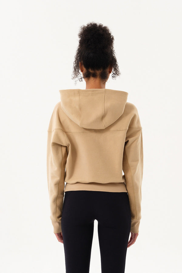Sportempt İmza Baskılı Panel Detaylı Crop Kadın Hoodie - Bej