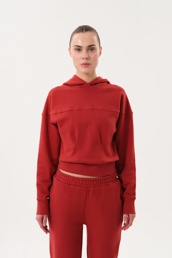 Sportempt İmza Baskılı Panel Detaylı Crop Kadın Hoodie - Kiremit