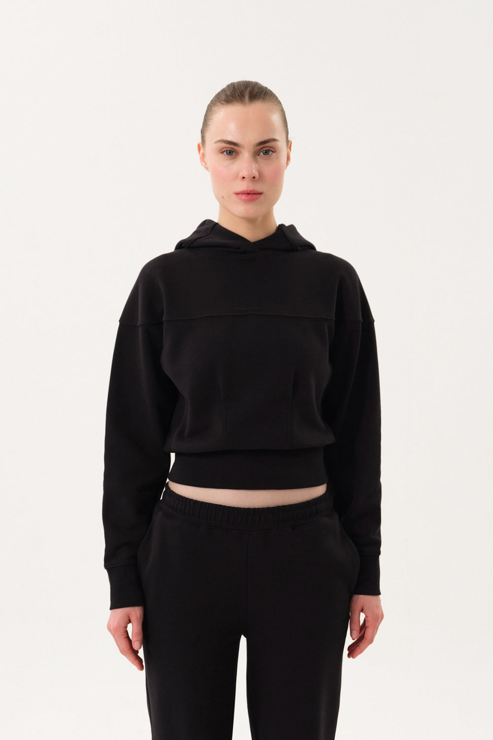 Sportempt İmza Baskılı Panel Detaylı Crop Kadın Hoodie - Siyah