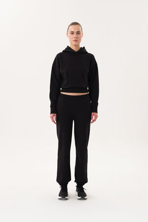 Sportempt İmza Baskılı Panel Detaylı Crop Kadın Hoodie - Siyah