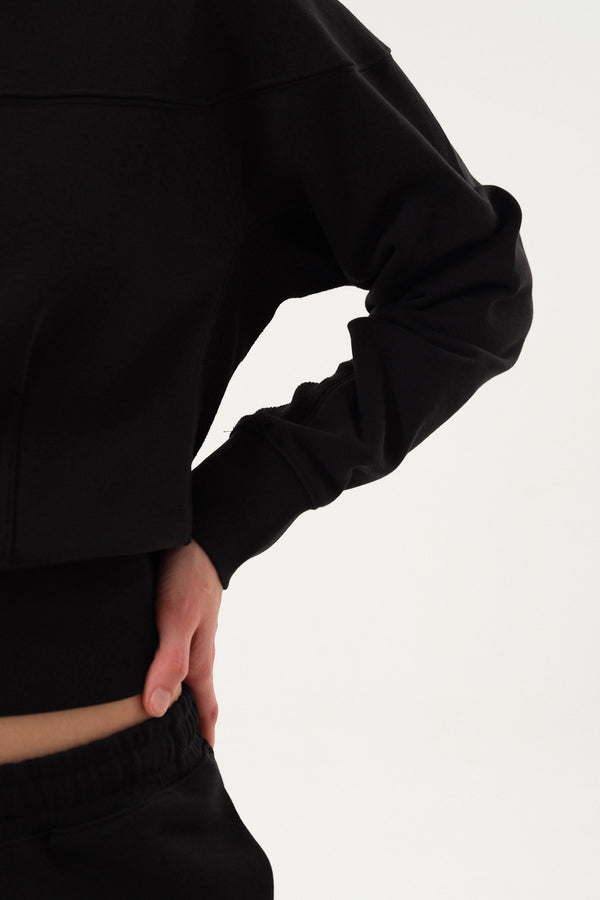 Sportempt İmza Baskılı Panel Detaylı Crop Kadın Hoodie - Siyah