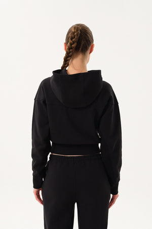 Sportempt İmza Baskılı Panel Detaylı Crop Kadın Hoodie - Siyah