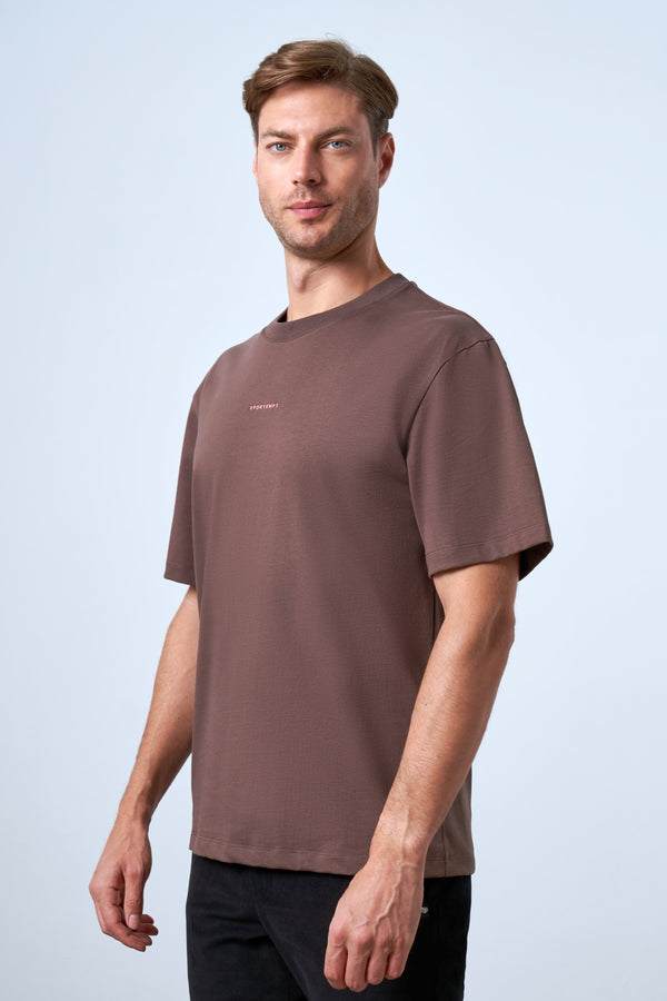 Sportempt Nakışlı Erkek Oversize Bisiklet Yaka T-shirt - Kahverengi
