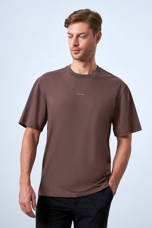 Sportempt Nakışlı Erkek Oversize Bisiklet Yaka T-shirt - Kahverengi
