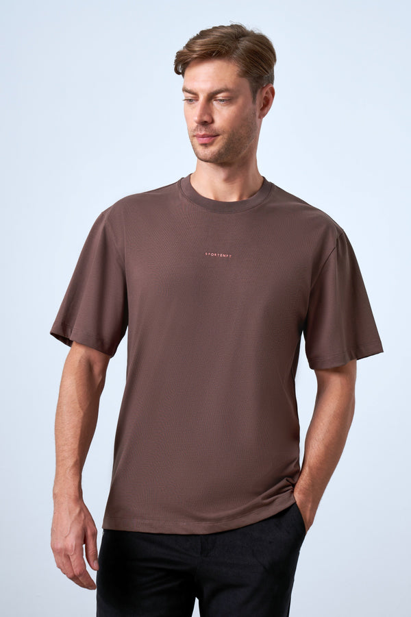 Sportempt Nakışlı Erkek Oversize Bisiklet Yaka T-shirt - Kahverengi