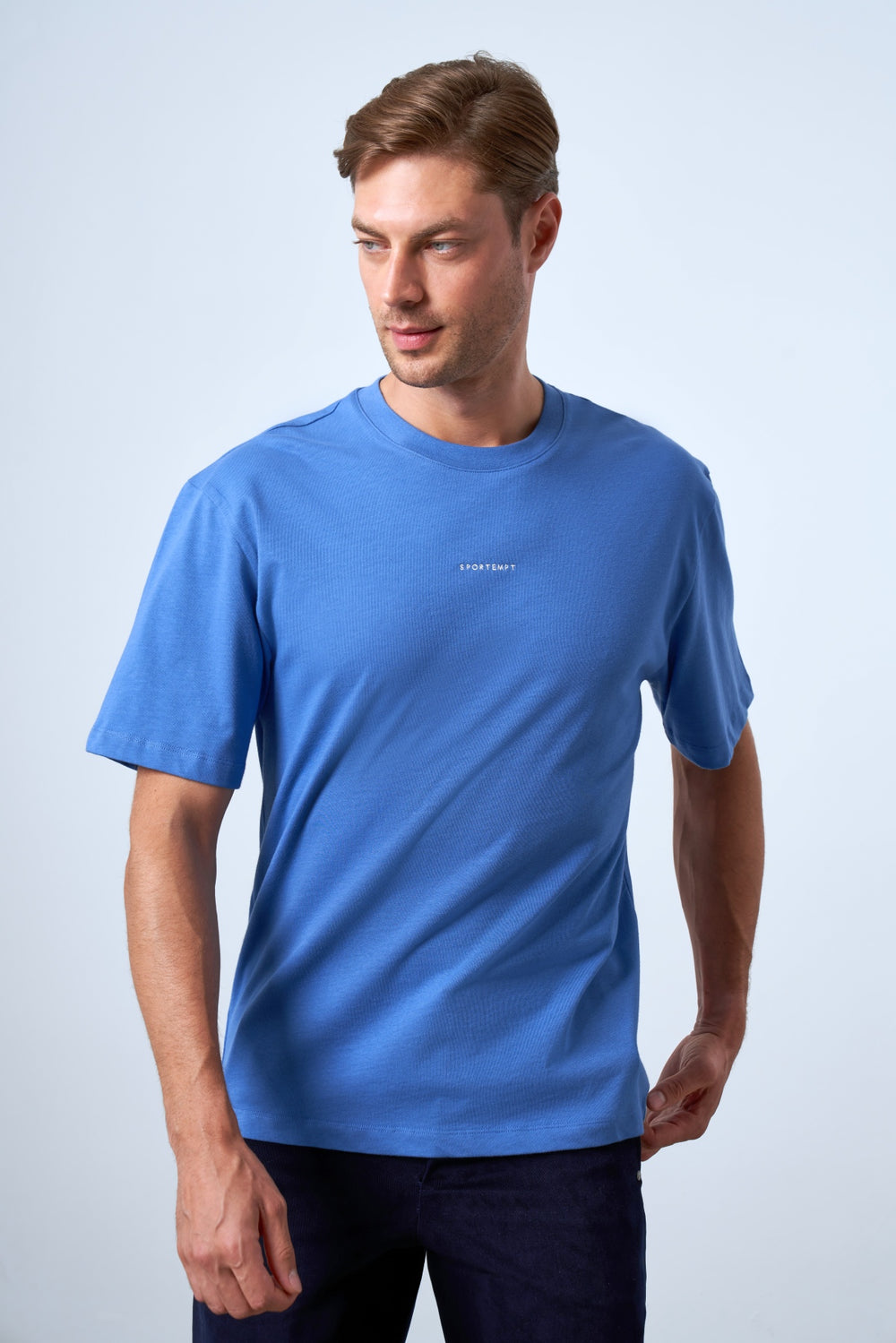 Sportempt Nakışlı Erkek Oversize Bisiklet Yaka T-shirt - Mavi